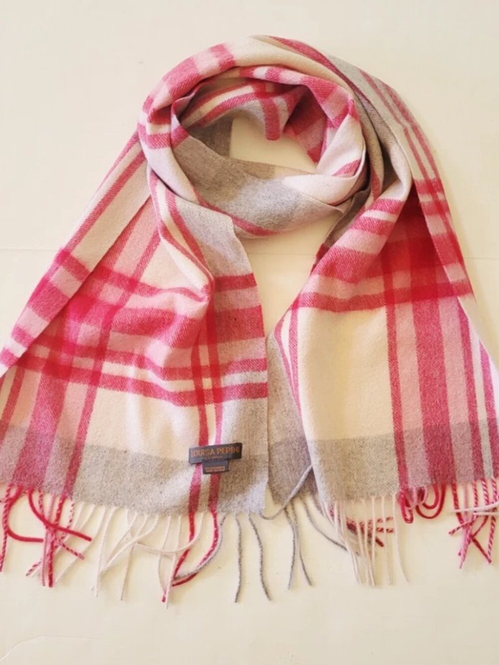 NWOT Louisa Perini Cashmere Plaid Fringed Scarf